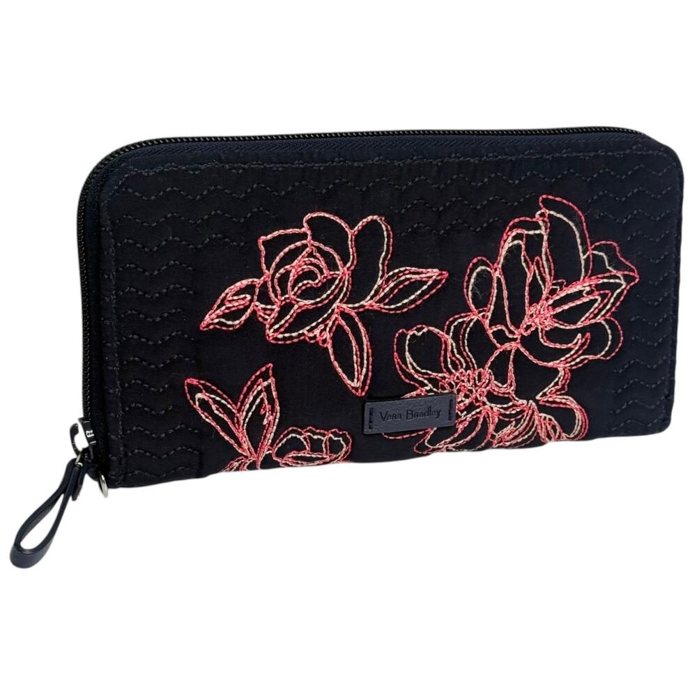 Vera Bradley Zip Around Wallet Navy Floral Embroidered 8x4" New w/o Wrist Strap